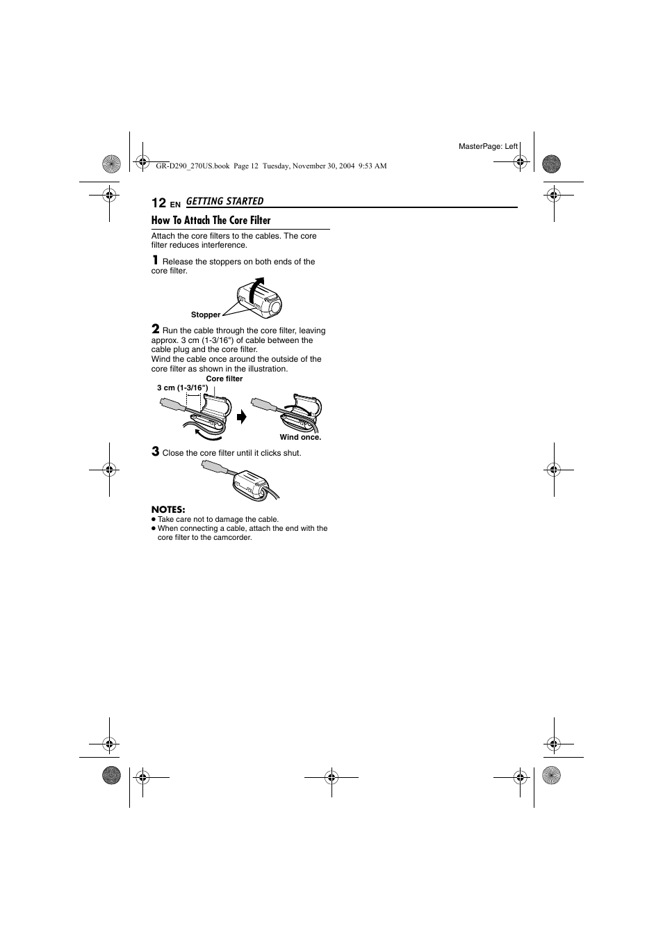 How to attach the core filter | JVC GR-D290 GR-D270 User Manual | Page 12 / 56