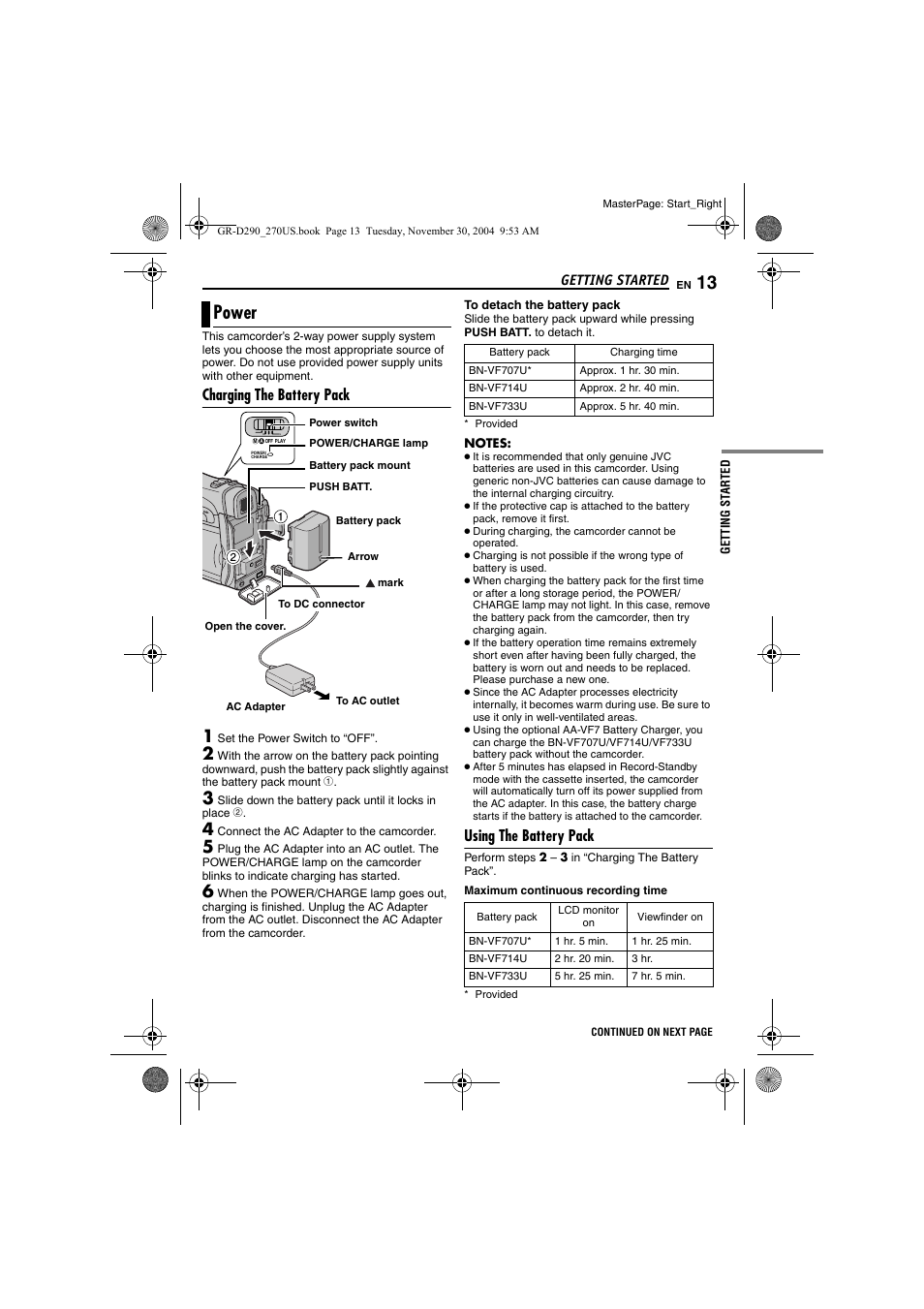 Power, Charging the battery pack, Using the battery pack | Pg. 13), Pg. 13, Getting started | JVC GR-D290 GR-D270 User Manual | Page 13 / 56