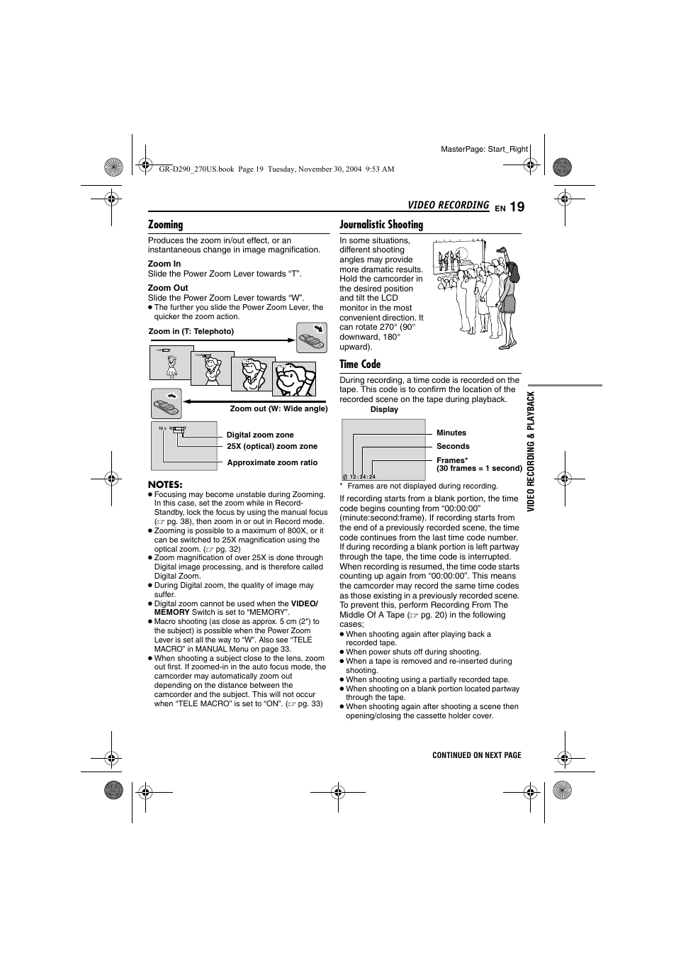 Zooming, Journalistic shooting, Time code | 19 journalistic shooting, 19 time code, Pg. 19), Video recording | JVC GR-D290 GR-D270 User Manual | Page 19 / 56