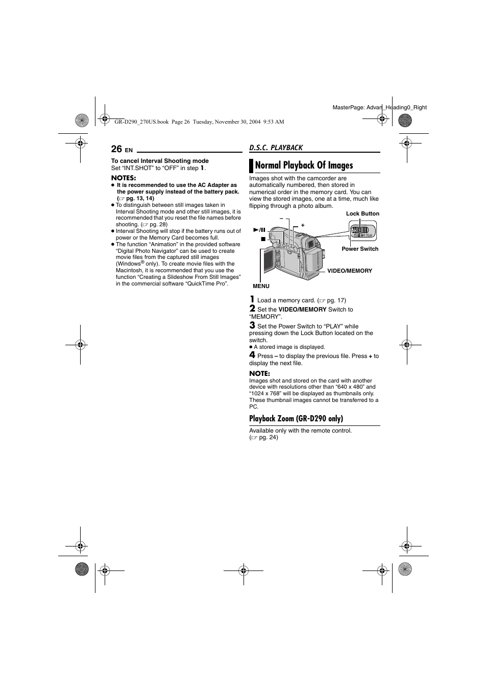 Normal playback of images, Playback zoom (gr-d290 only), D.s.c. playback | Pg. 26), Card (੬ pg. 26) | JVC GR-D290 GR-D270 User Manual | Page 26 / 56