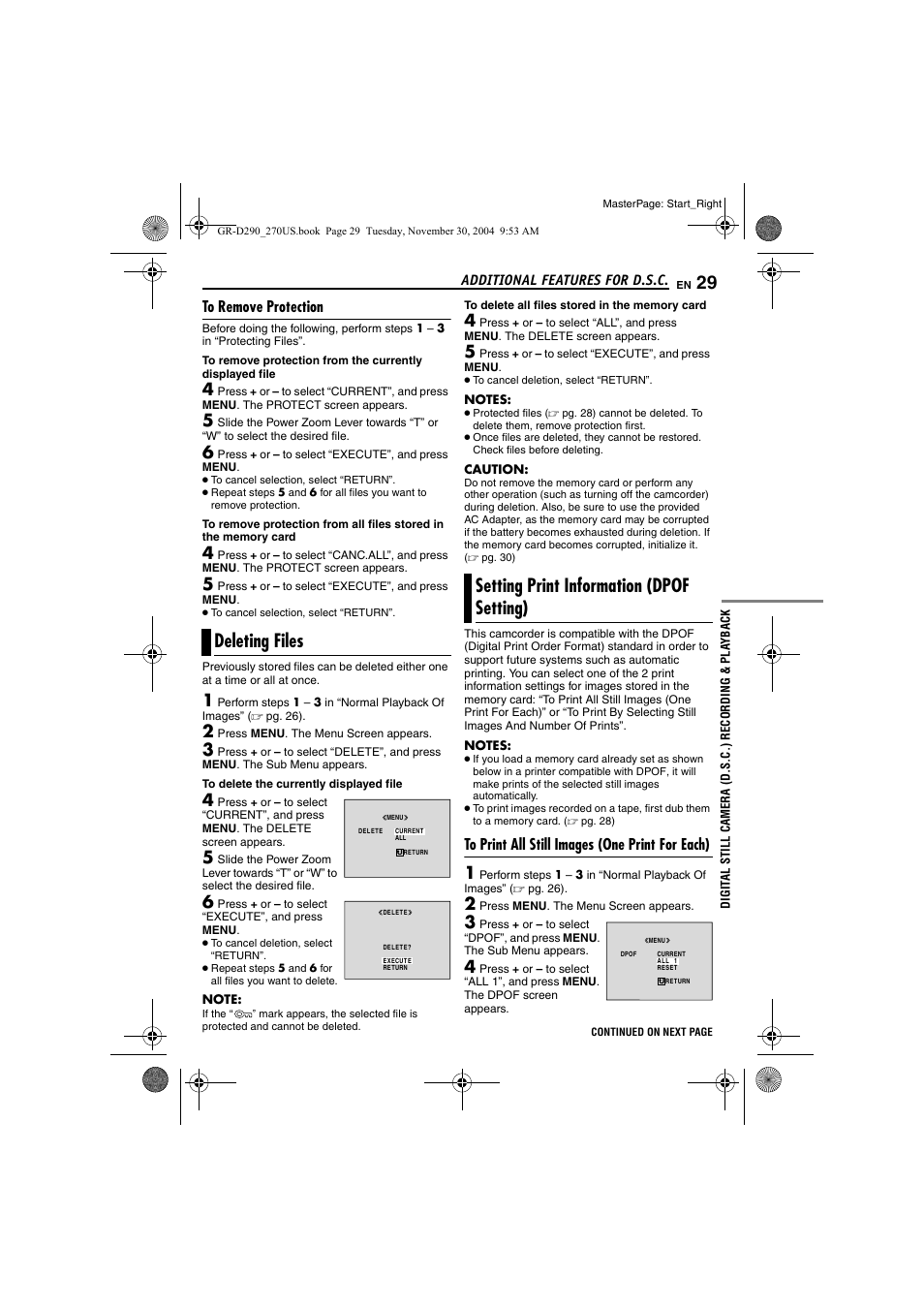 To remove protection, Deleting files, Setting print information (dpof setting) | To print all still images (one print for each), 29 setting print information (dpof setting), R to “deleting, Files, Pg. 29), Additional features for d.s.c | JVC GR-D290 GR-D270 User Manual | Page 29 / 56