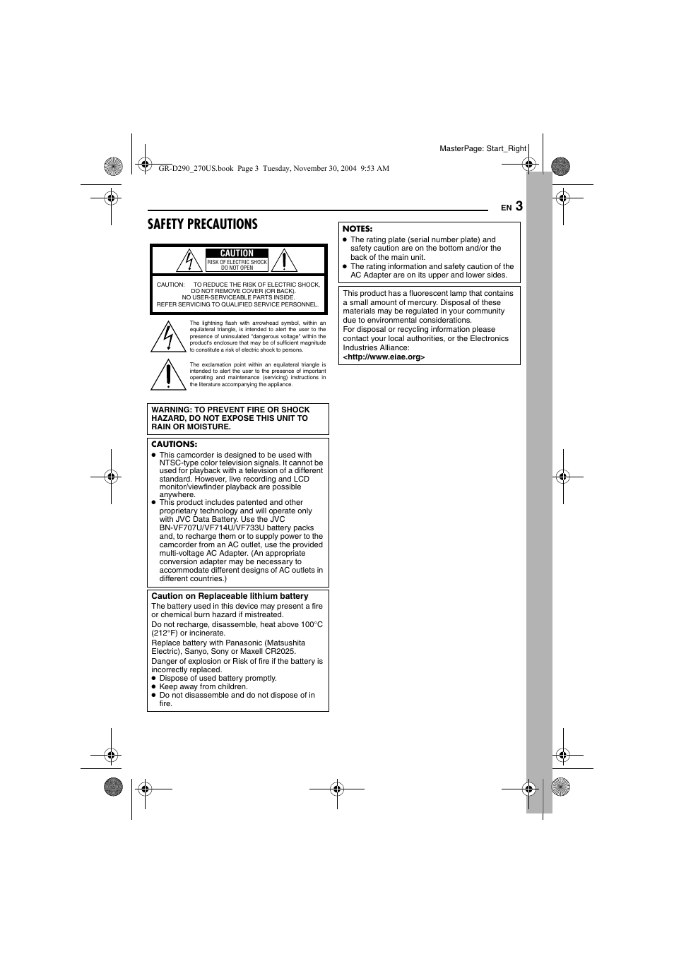 Safety precautions | JVC GR-D290 GR-D270 User Manual | Page 3 / 56