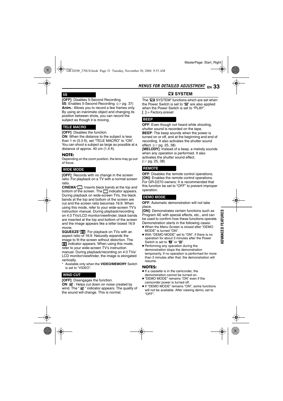 Pg. 33), Pg. 33, “wide, Mode”) | Cinema mode, Pg. 33, “wide mode”) | JVC GR-D290 GR-D270 User Manual | Page 33 / 56