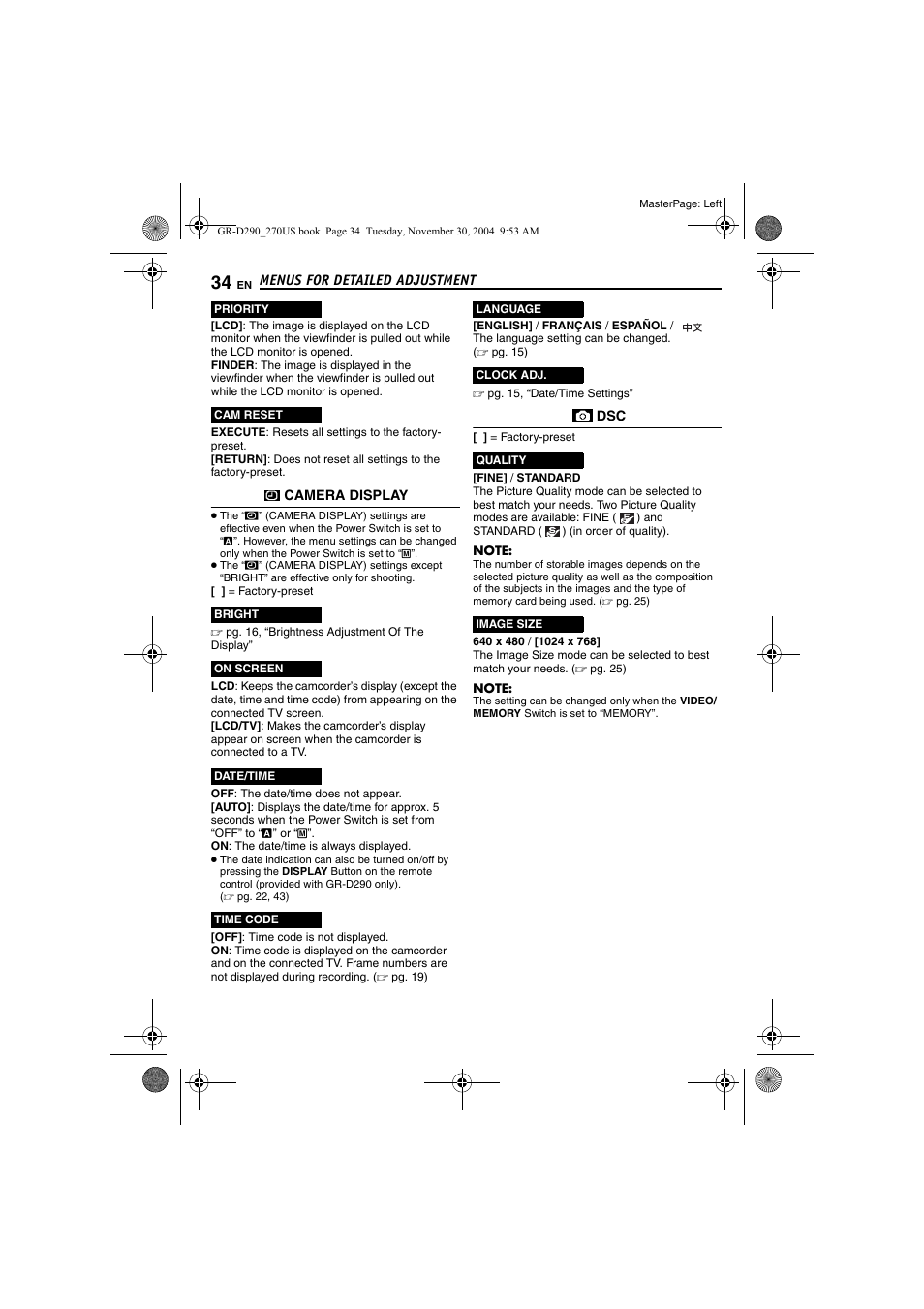 Pg. 34, Pg. 34), Time | Is set to “on | JVC GR-D290 GR-D270 User Manual | Page 34 / 56