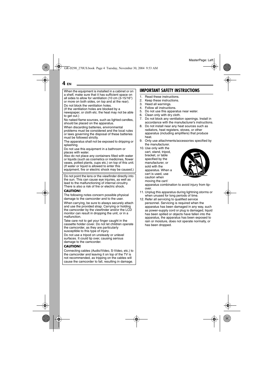 Important safety instructions, 4 and 10 | JVC GR-D290 GR-D270 User Manual | Page 4 / 56