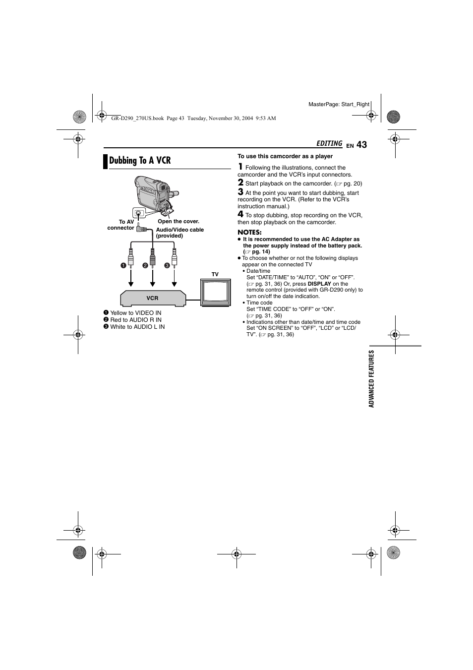 Editing, Dubbing to a vcr, Pg. 43, 4 | JVC GR-D290 GR-D270 User Manual | Page 43 / 56