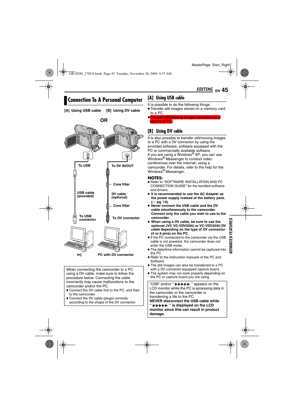 Connection to a personal computer, Pg. 45) | JVC GR-D290 GR-D270 User Manual | Page 45 / 56