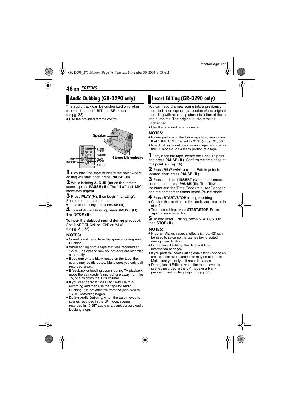 Audio dubbing (gr-d290 only), Insert editing (gr-d290 only), 46 insert editing (gr-d290 only) | Pg. 46), Pg. 46) and i, Pg. 46) a | JVC GR-D290 GR-D270 User Manual | Page 46 / 56