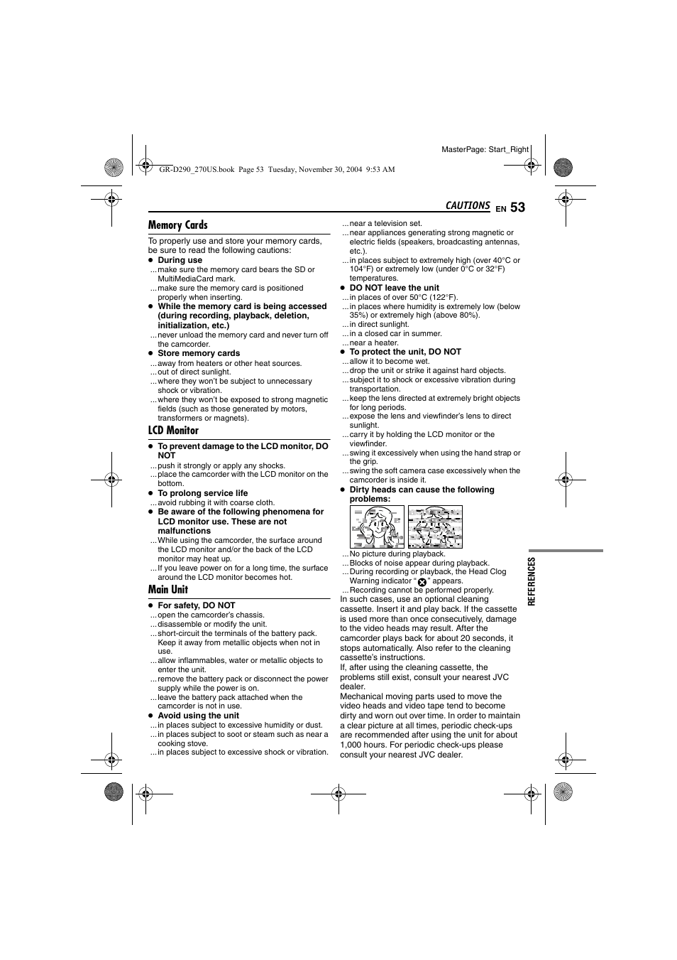 Memory cards, Lcd monitor, Main unit | Pg. 53) | JVC GR-D290 GR-D270 User Manual | Page 53 / 56