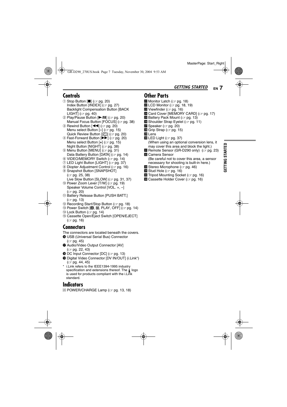 Controls, Connectors, Indicators | Other parts | JVC GR-D290 GR-D270 User Manual | Page 7 / 56