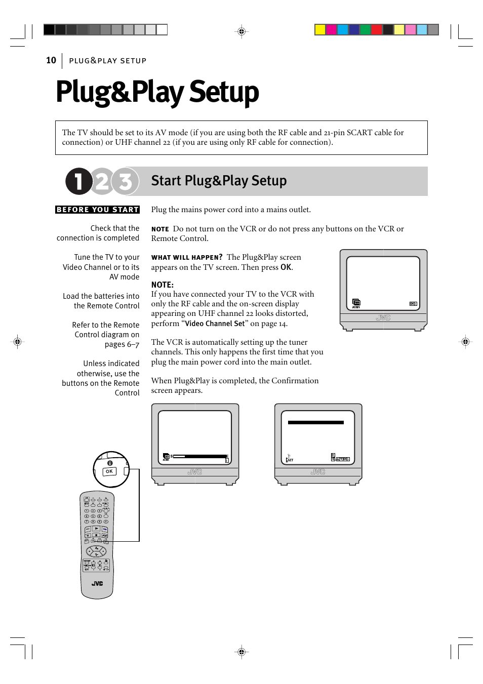 Plug&play setup, Start plug&play setup, Plug&play setup 10 before you start | JVC VIDEO CASSETTE HR-J295EK User Manual | Page 10 / 52