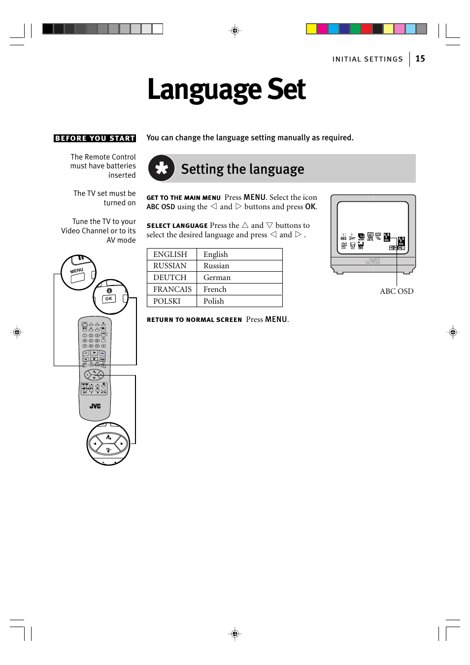 Language set, Setting the language | JVC VIDEO CASSETTE HR-J295EK User Manual | Page 15 / 52