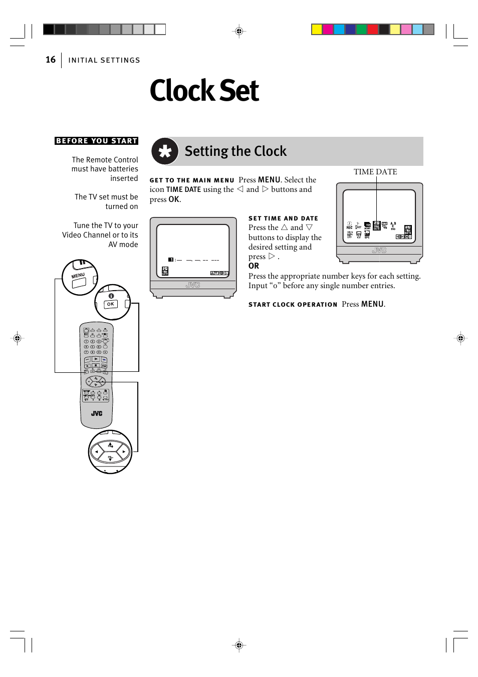 Clock set, Setting the clock | JVC VIDEO CASSETTE HR-J295EK User Manual | Page 16 / 52