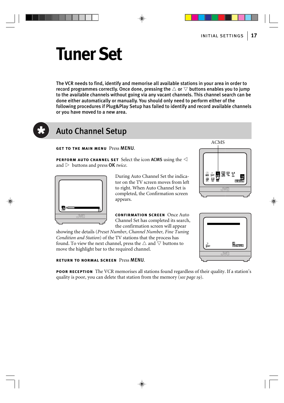 Tuner set, Auto channel setup, Initial settings 17 | Acms | JVC VIDEO CASSETTE HR-J295EK User Manual | Page 17 / 52