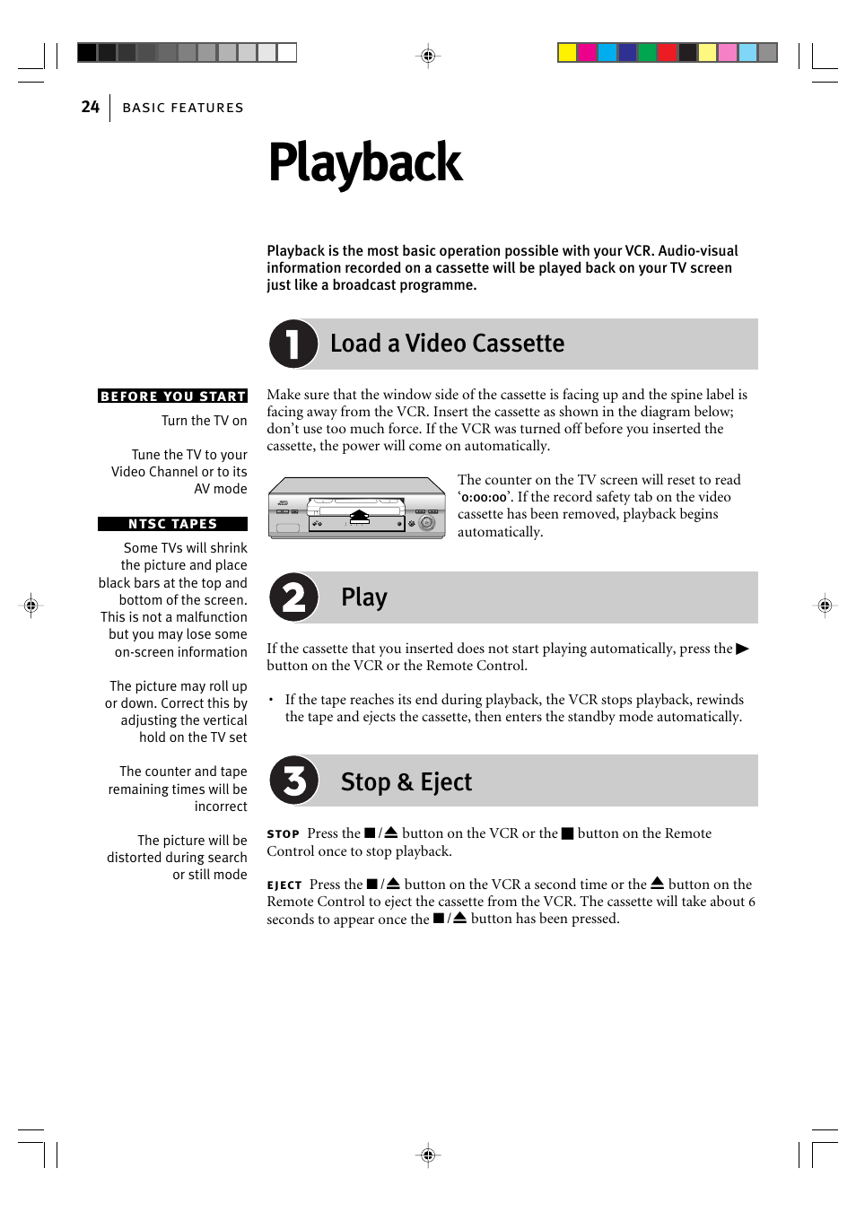 Playback, Load a video cassette, Play | Stop & eject | JVC VIDEO CASSETTE HR-J295EK User Manual | Page 24 / 52
