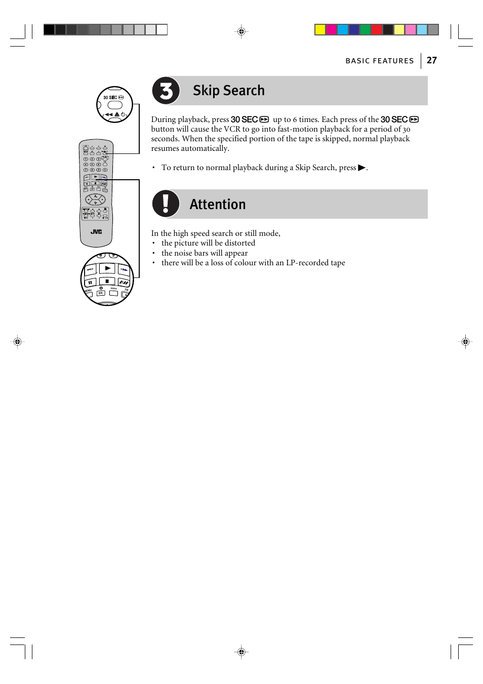 Skip search, Attention | JVC VIDEO CASSETTE HR-J295EK User Manual | Page 27 / 52