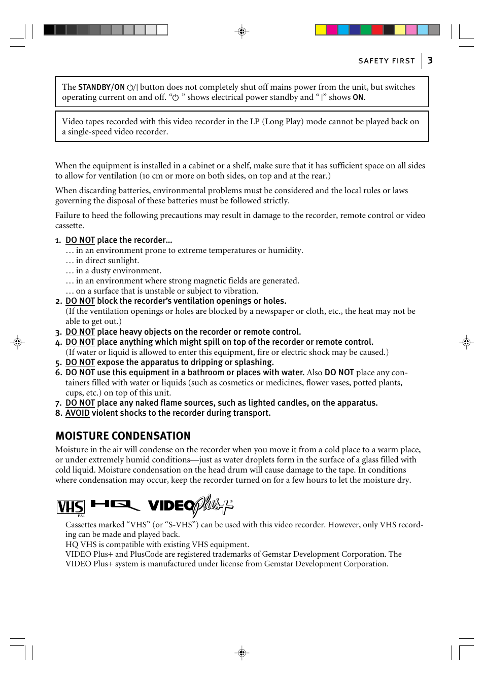 Moisture condensation | JVC VIDEO CASSETTE HR-J295EK User Manual | Page 3 / 52
