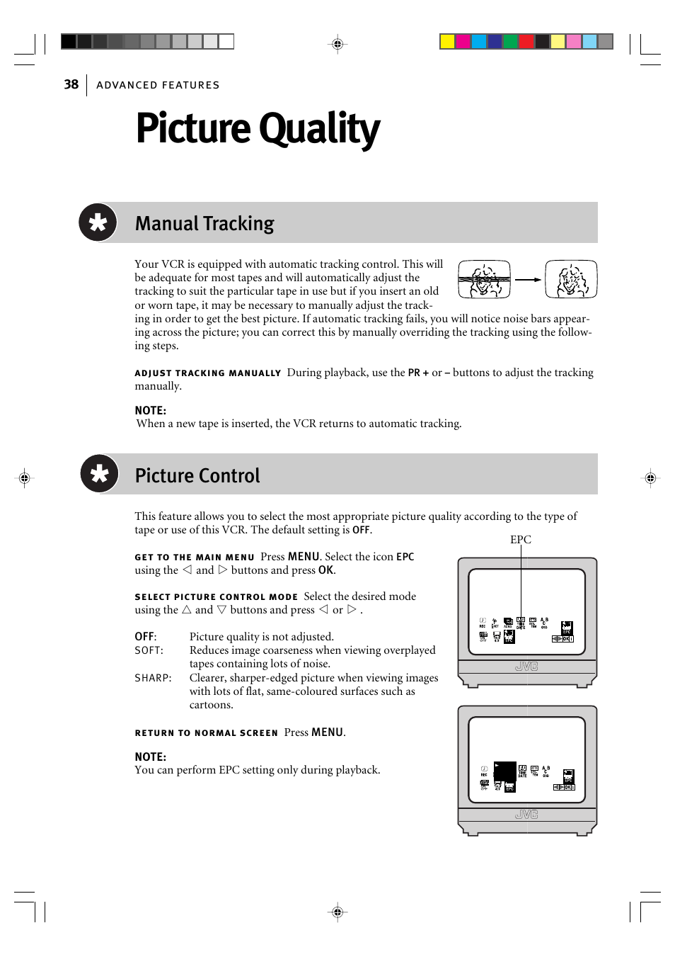 Picture quality, Manual tracking, Picture control | JVC VIDEO CASSETTE HR-J295EK User Manual | Page 38 / 52