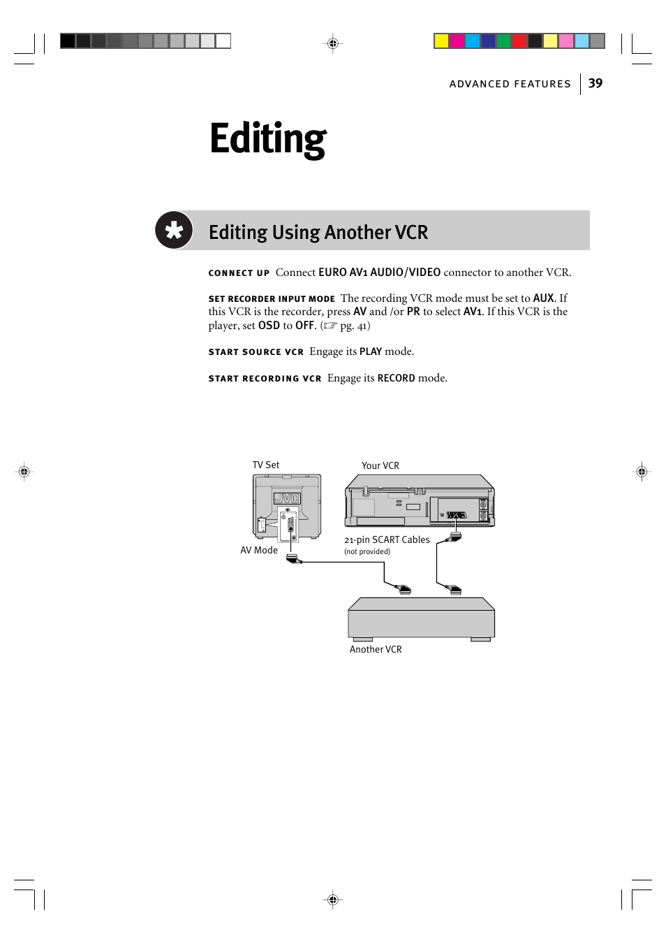 Editing, Editing using another vcr | JVC VIDEO CASSETTE HR-J295EK User Manual | Page 39 / 52