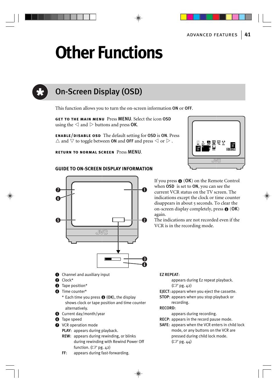 Other functions, On-screen display (osd), Advanced features 41 | JVC VIDEO CASSETTE HR-J295EK User Manual | Page 41 / 52