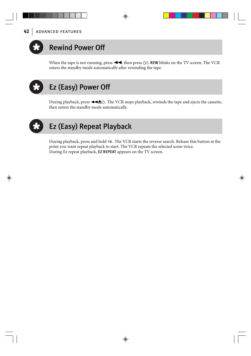 Rewind power off, Ez (easy) power off, Ez (easy) repeat playback | JVC VIDEO CASSETTE HR-J295EK User Manual | Page 42 / 52