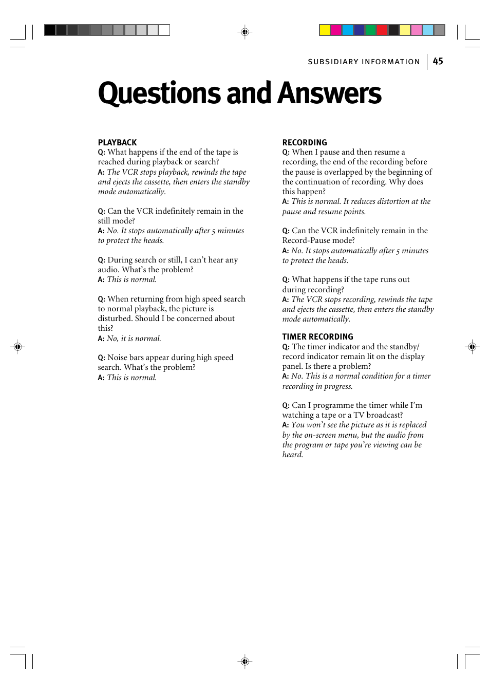 Questions and answers | JVC VIDEO CASSETTE HR-J295EK User Manual | Page 45 / 52