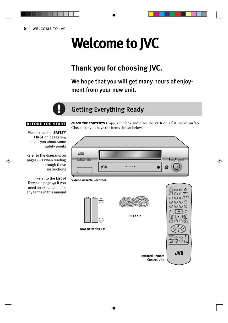 Welcome to jvc, Getting everything ready | JVC VIDEO CASSETTE HR-J295EK User Manual | Page 8 / 52