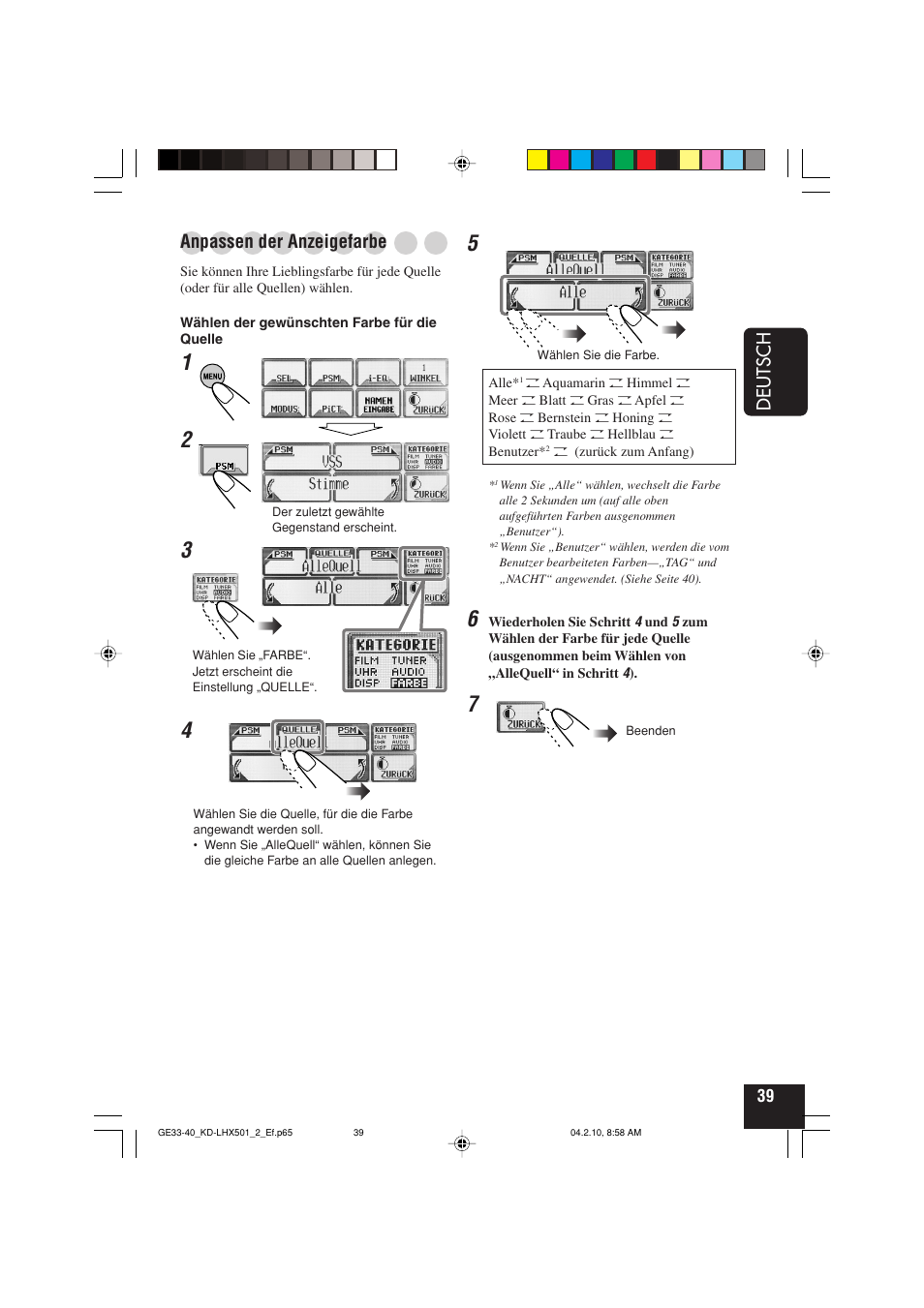 Deutsch, Anpassen der anzeigefarbe | JVC KD-LHX501  EN User Manual | Page 103 / 259
