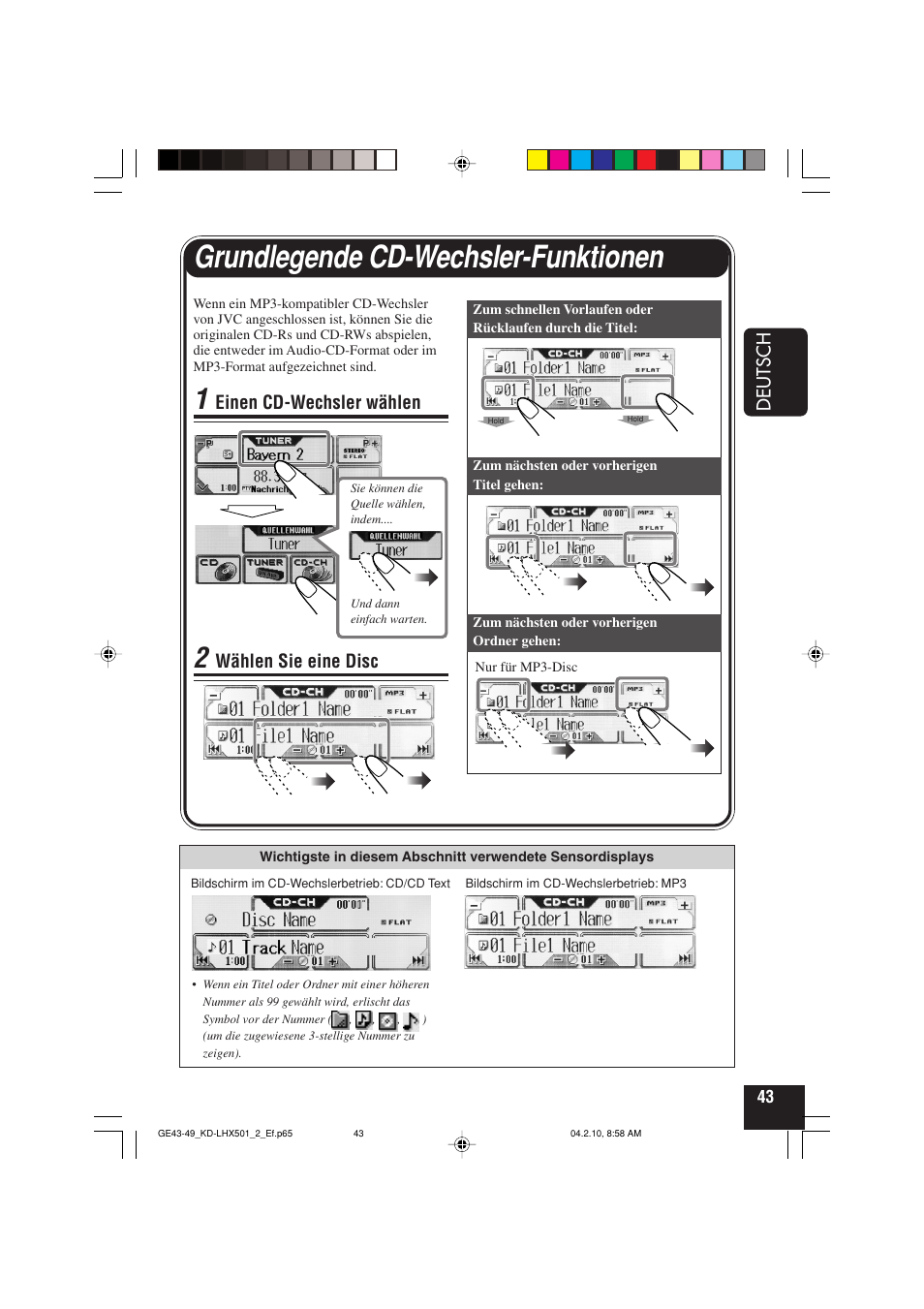 Grundlegende cd-wechsler-funktionen, Deutsch, Einen cd-wechsler wählen | Wählen sie eine disc | JVC KD-LHX501  EN User Manual | Page 107 / 259