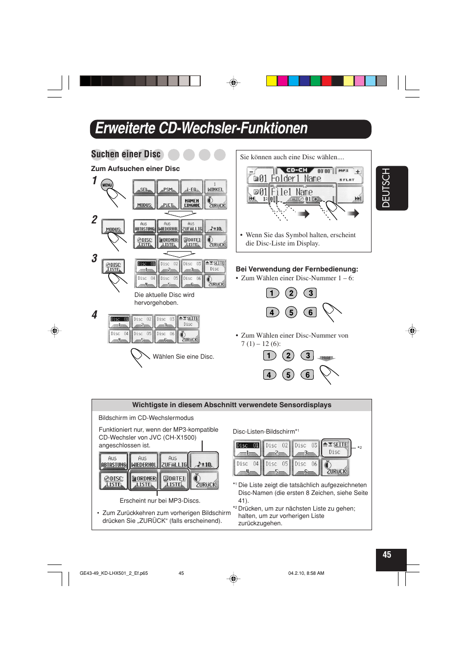 Erweiterte cd-wechsler-funktionen, Deutsch, Suchen einer disc | JVC KD-LHX501  EN User Manual | Page 109 / 259