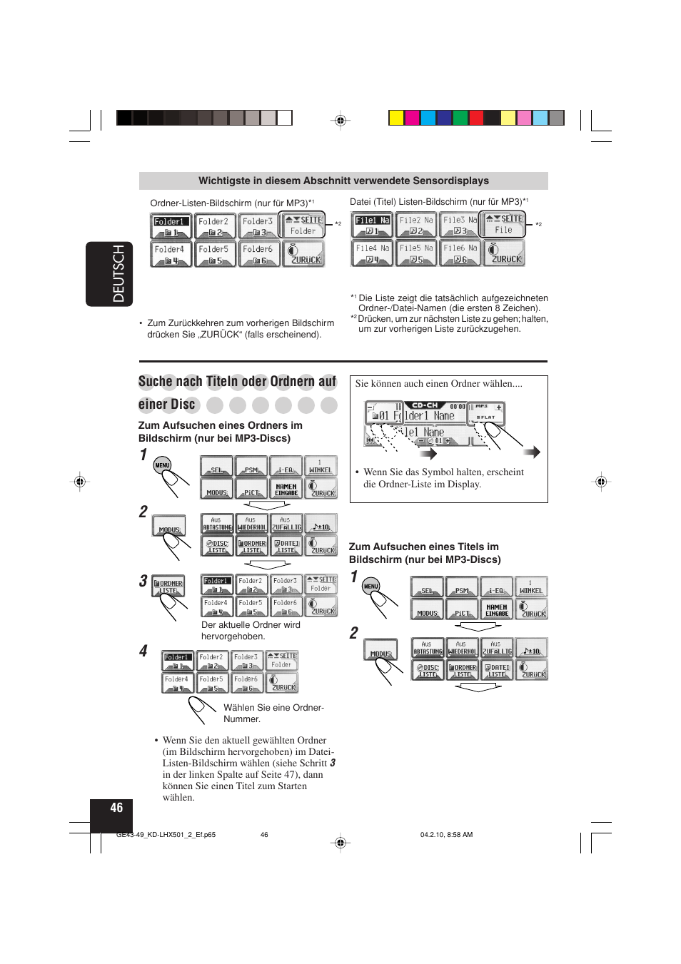 Deutsch, Suche nach titeln oder ordnern auf, Einer disc | JVC KD-LHX501  EN User Manual | Page 110 / 259