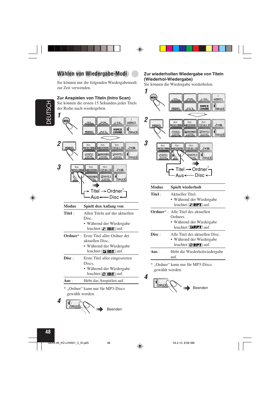 Deutsch, Wählen von wiedergabe-modi | JVC KD-LHX501  EN User Manual | Page 112 / 259
