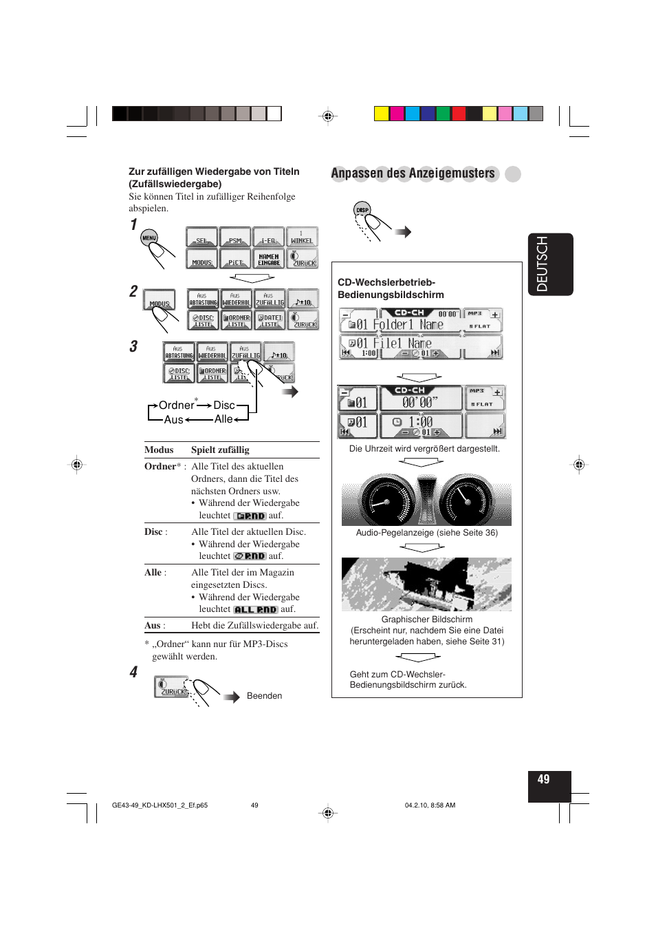 Deutsch, Anpassen des anzeigemusters | JVC KD-LHX501  EN User Manual | Page 113 / 259