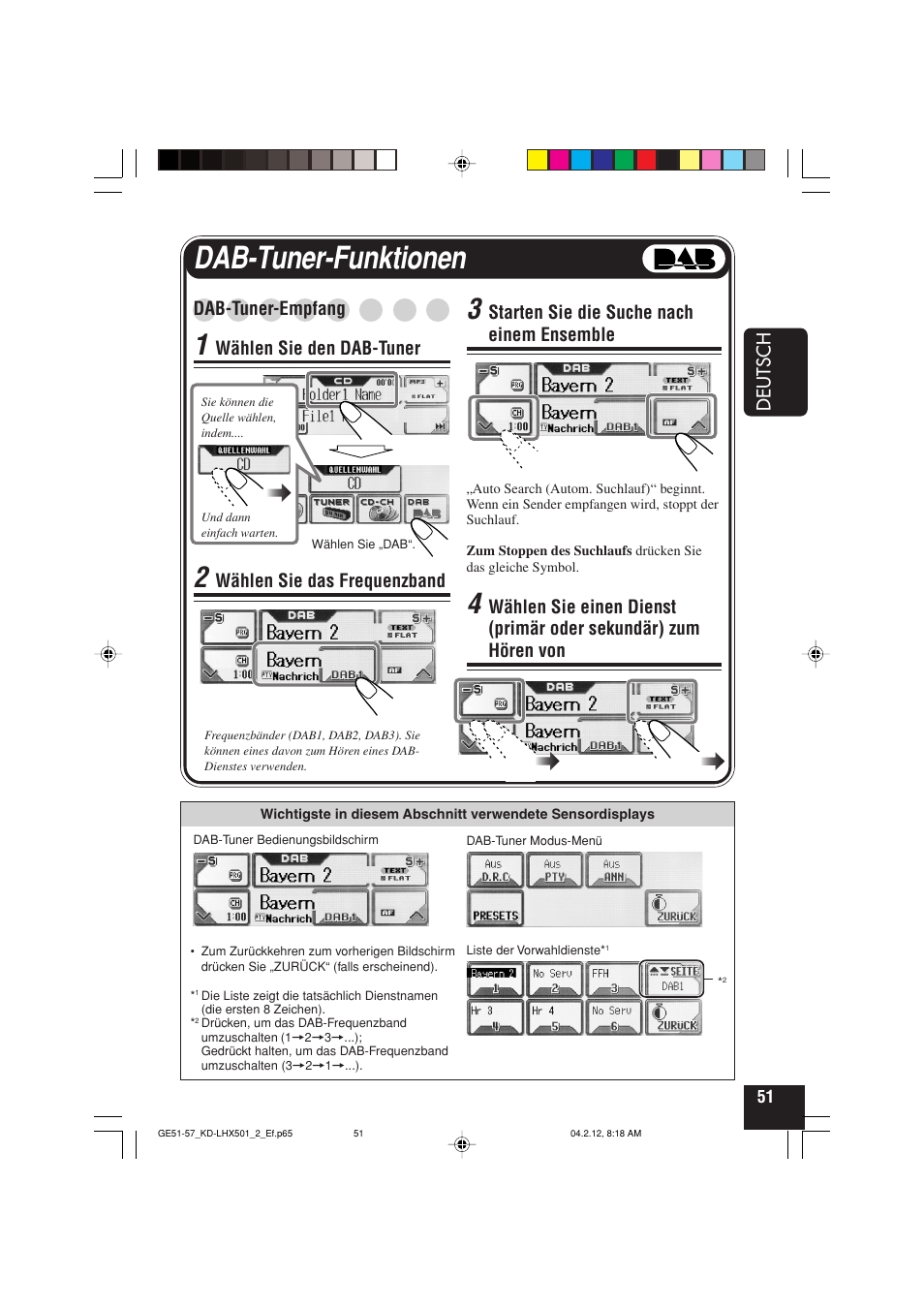 Dab-tuner-funktionen, Deutsch, Dab-tuner-empfang | Wählen sie den dab-tuner, Wählen sie das frequenzband, Starten sie die suche nach einem ensemble | JVC KD-LHX501  EN User Manual | Page 115 / 259