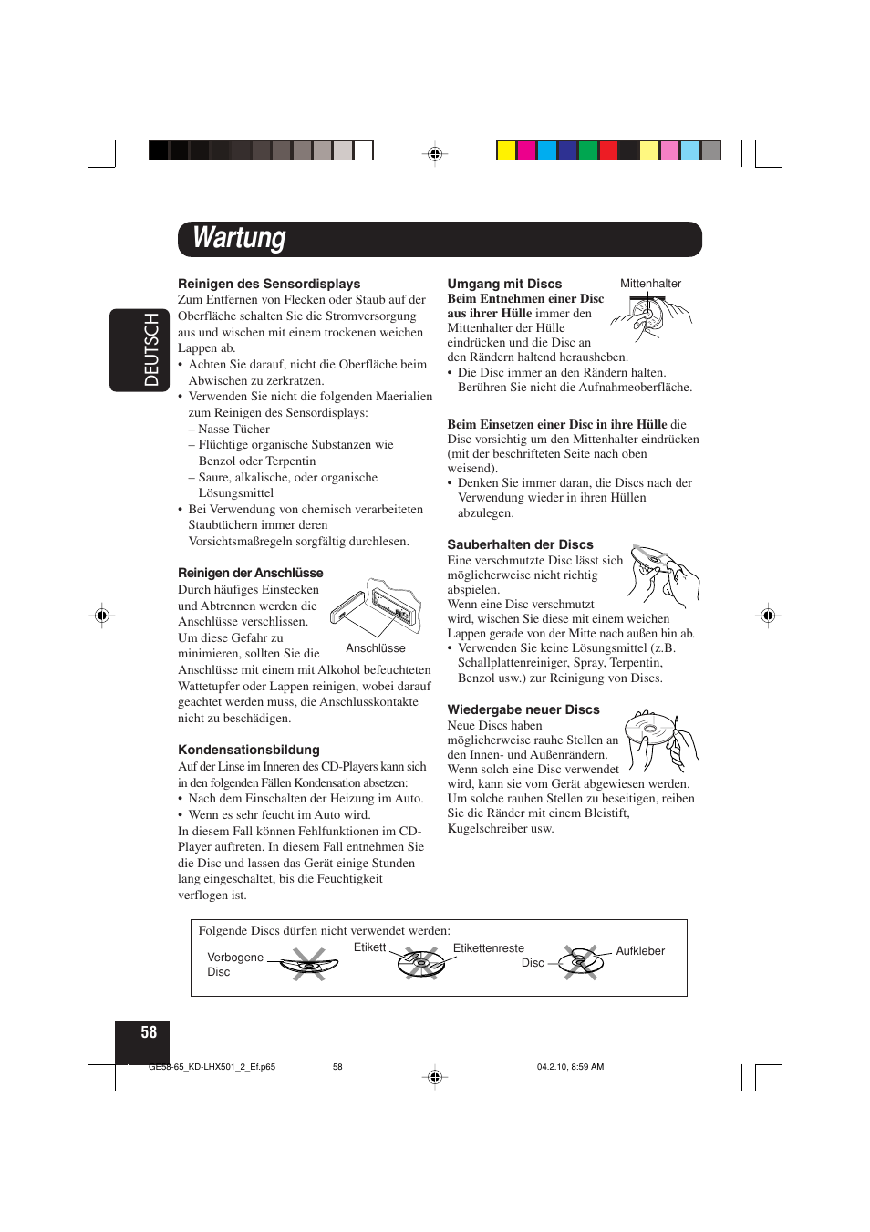 Wartung, Deutsch | JVC KD-LHX501  EN User Manual | Page 122 / 259