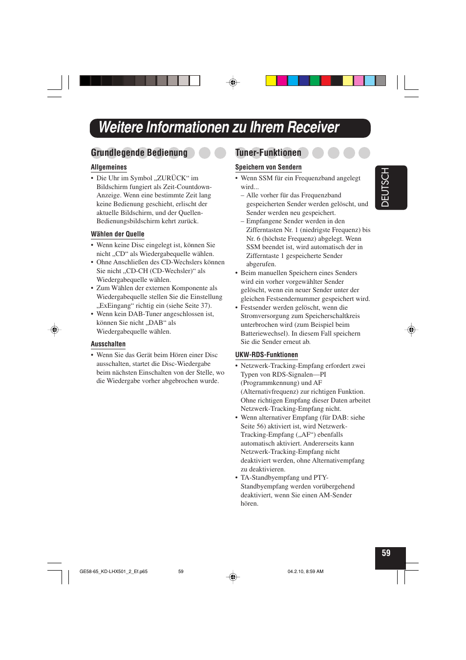 Weitere informationen zu ihrem receiver, Deutsch, Grundlegende bedienung | Tuner-funktionen | JVC KD-LHX501  EN User Manual | Page 123 / 259