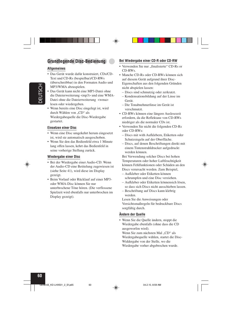 Deutsch, Grundlegende disc-bedienung | JVC KD-LHX501  EN User Manual | Page 124 / 259