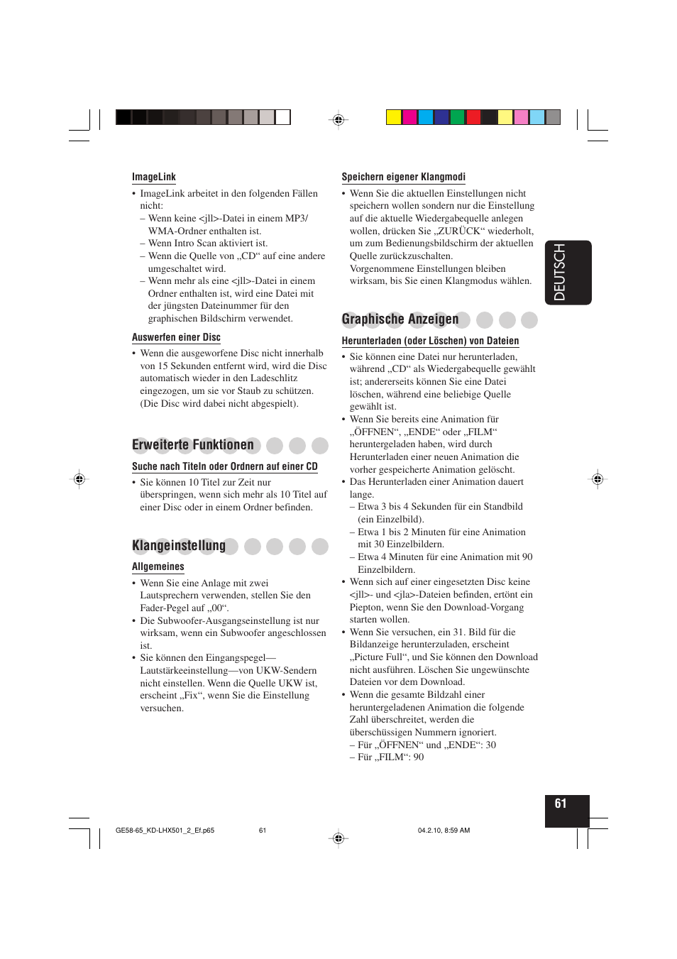 Deutsch, Erweiterte funktionen, Klangeinstellung | Graphische anzeigen | JVC KD-LHX501  EN User Manual | Page 125 / 259