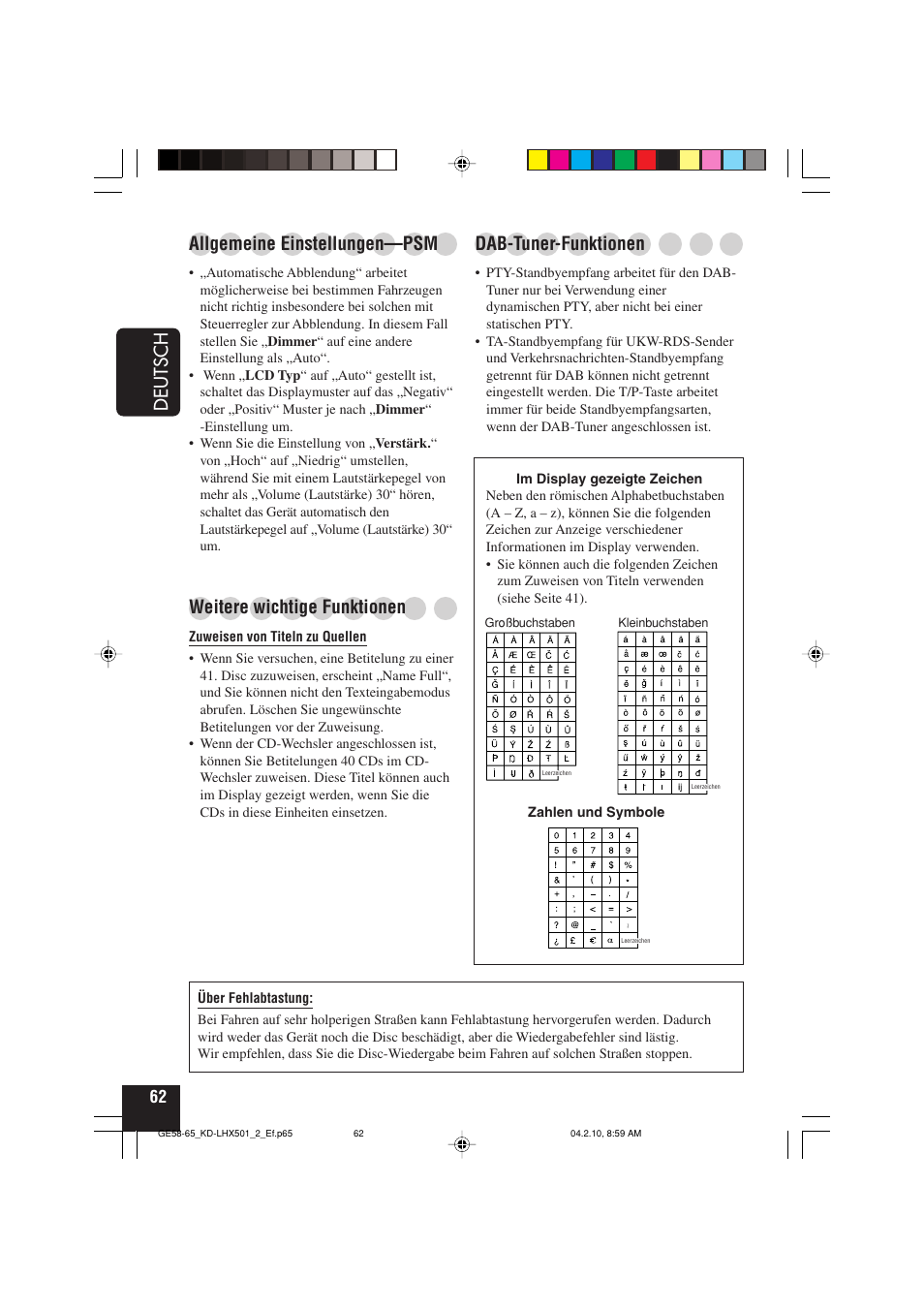 Deutsch, Dab-tuner-funktionen, Allgemeine einstellungen—psm | Weitere wichtige funktionen | JVC KD-LHX501  EN User Manual | Page 126 / 259