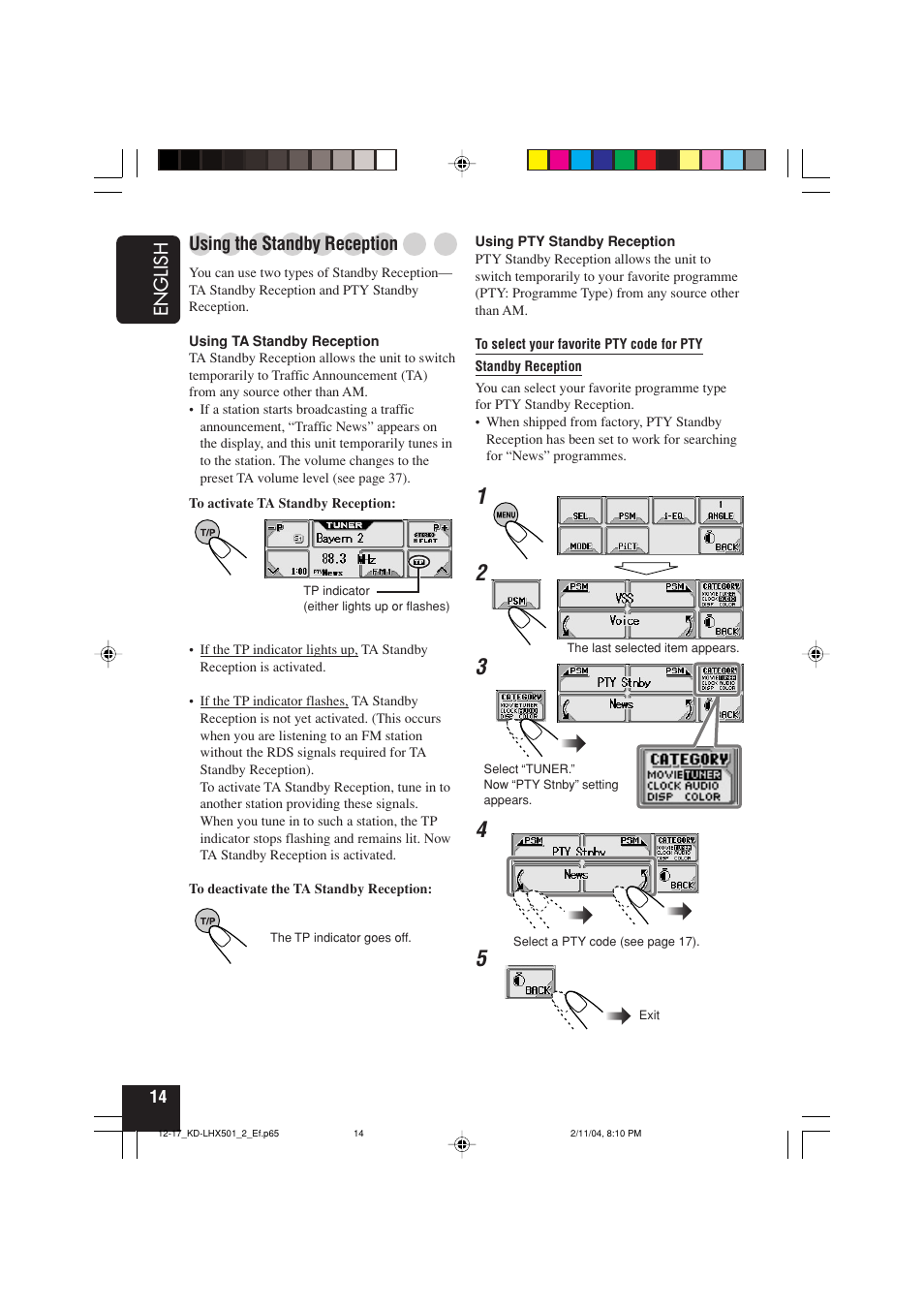 English, Using the standby reception | JVC KD-LHX501  EN User Manual | Page 14 / 259
