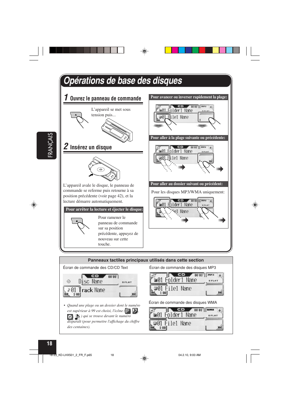 Opérations de base des disques, Fran ç ais, Ouvrez le panneau de commande | Insérez un disque | JVC KD-LHX501  EN User Manual | Page 146 / 259