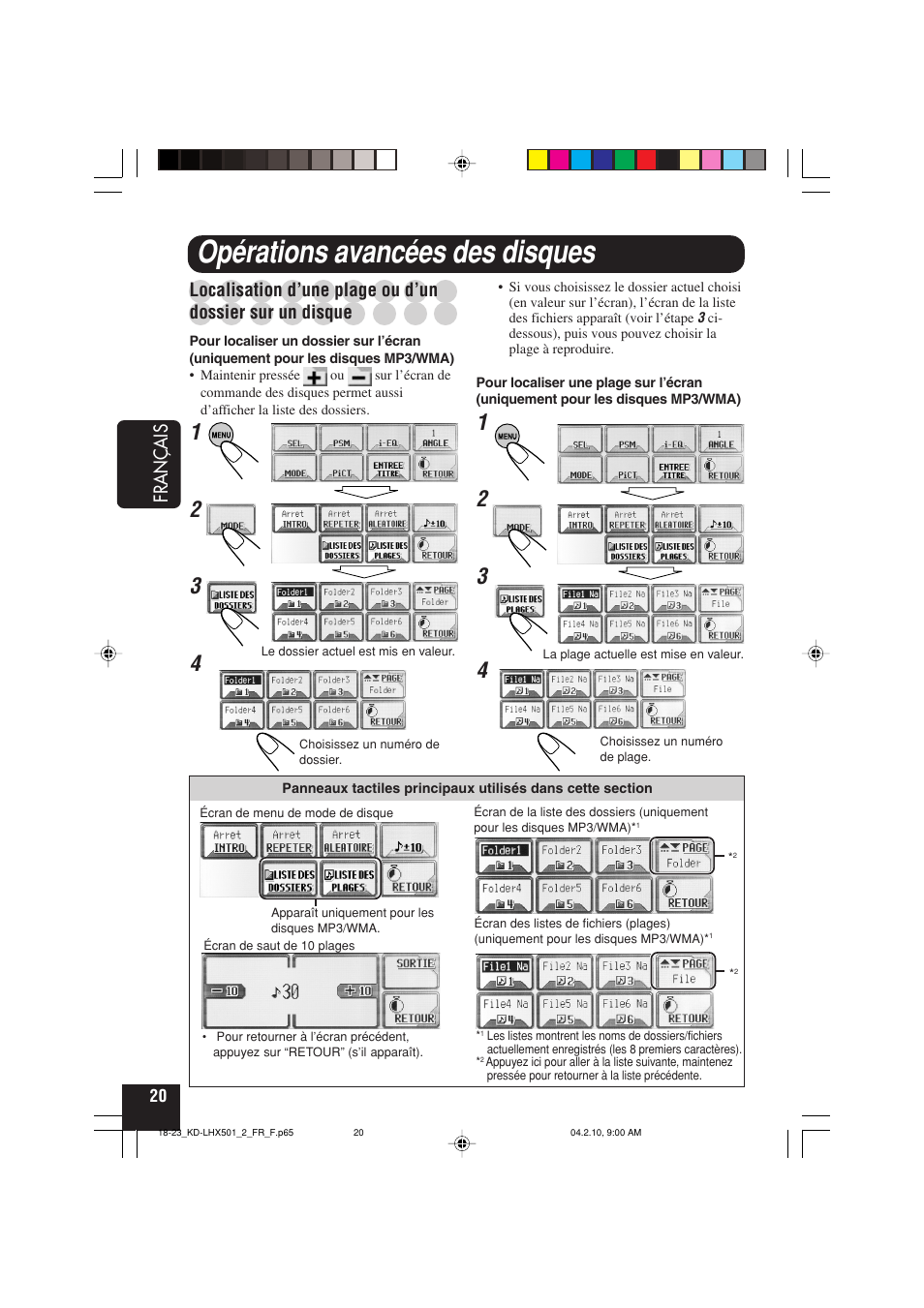 Opérations avancées des disques, Fran ç ais, Localisation d’une plage ou d’un | Dossier sur un disque | JVC KD-LHX501  EN User Manual | Page 148 / 259