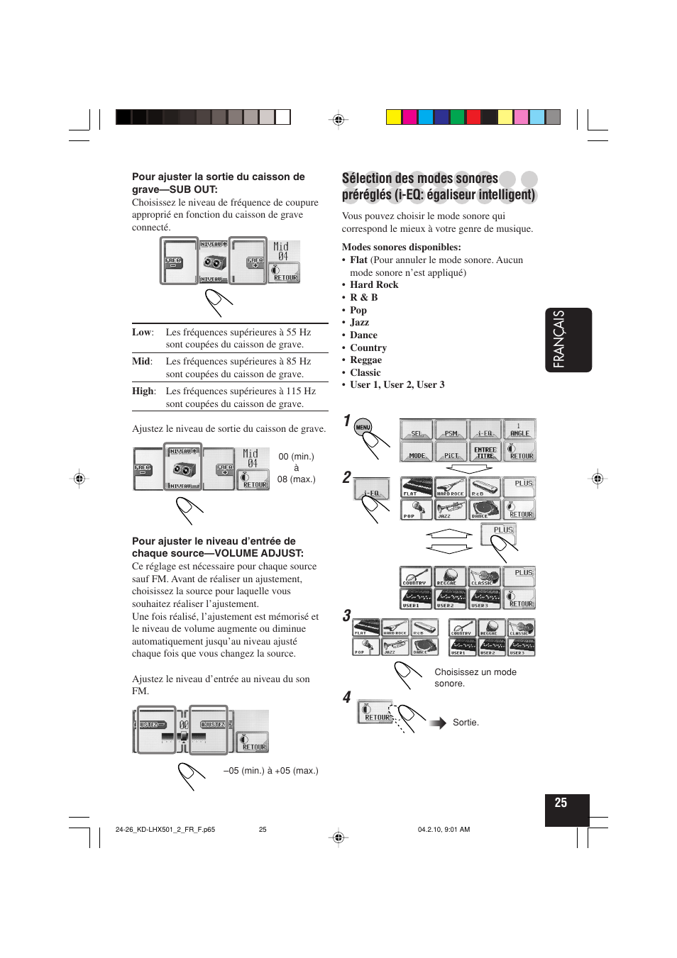 Fran ç ais, Sélection des modes sonores, Préréglés (i-eq: égaliseur intelligent) | JVC KD-LHX501  EN User Manual | Page 153 / 259
