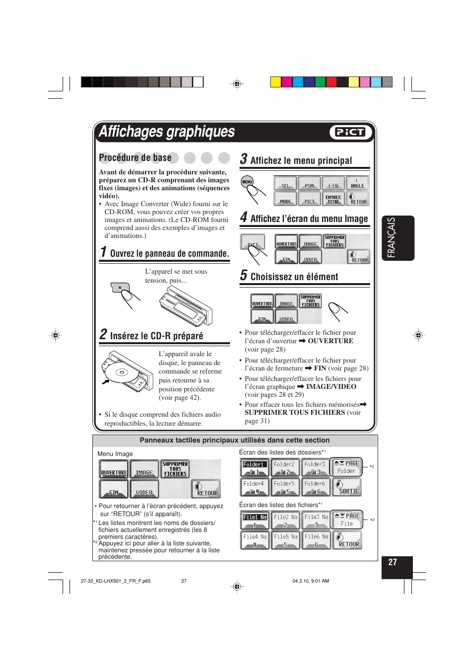 Affichages graphiques, Fran ç ais, Procédure de base | Ouvrez le panneau de commande, Insérez le cd-r préparé, Affichez le menu principal, Affichez l’écran du menu image, Choisissez un élément | JVC KD-LHX501  EN User Manual | Page 155 / 259