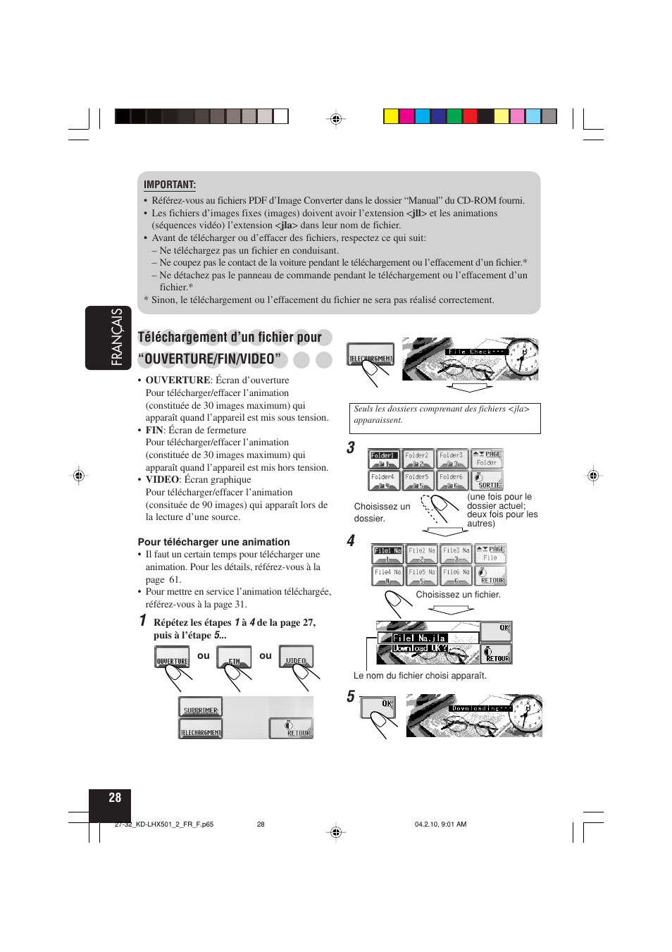Fran ç ais, Téléchargement d’un fichier pour, Ouverture/fin/video | JVC KD-LHX501  EN User Manual | Page 156 / 259