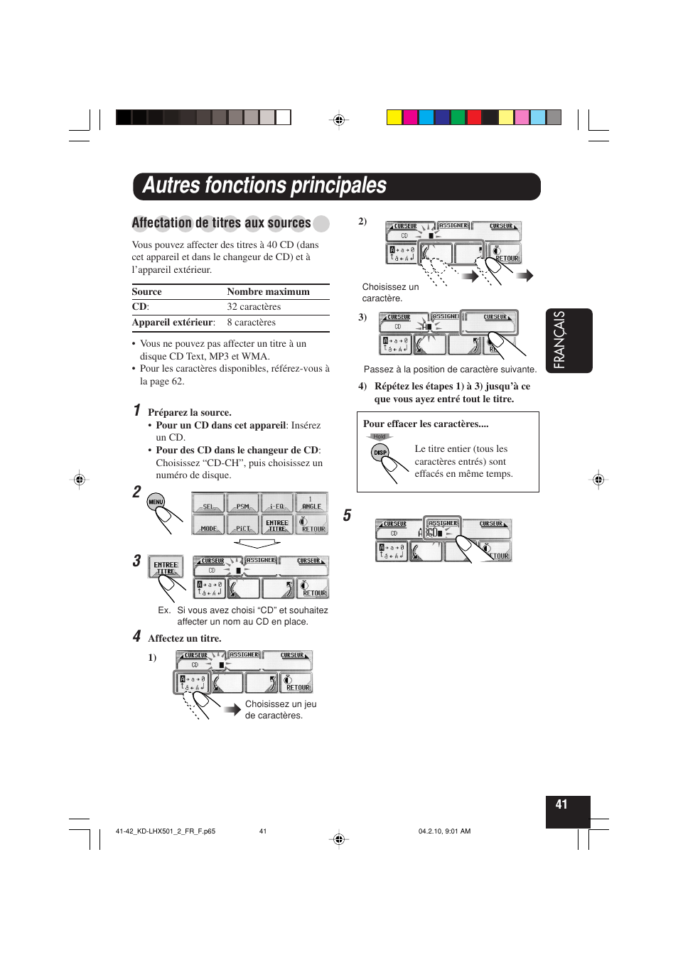 Autres fonctions principales, Fran ç ais, Affectation de titres aux sources | JVC KD-LHX501  EN User Manual | Page 169 / 259