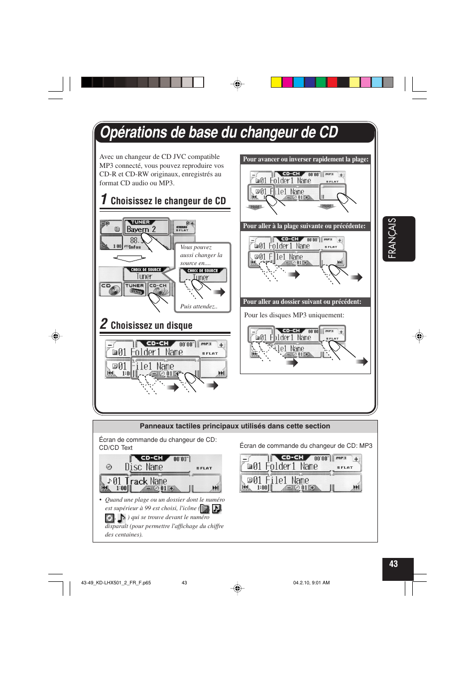 Opérations de base du changeur de cd, Fran ç ais, Choisissez le changeur de cd | Choisissez un disque | JVC KD-LHX501  EN User Manual | Page 171 / 259