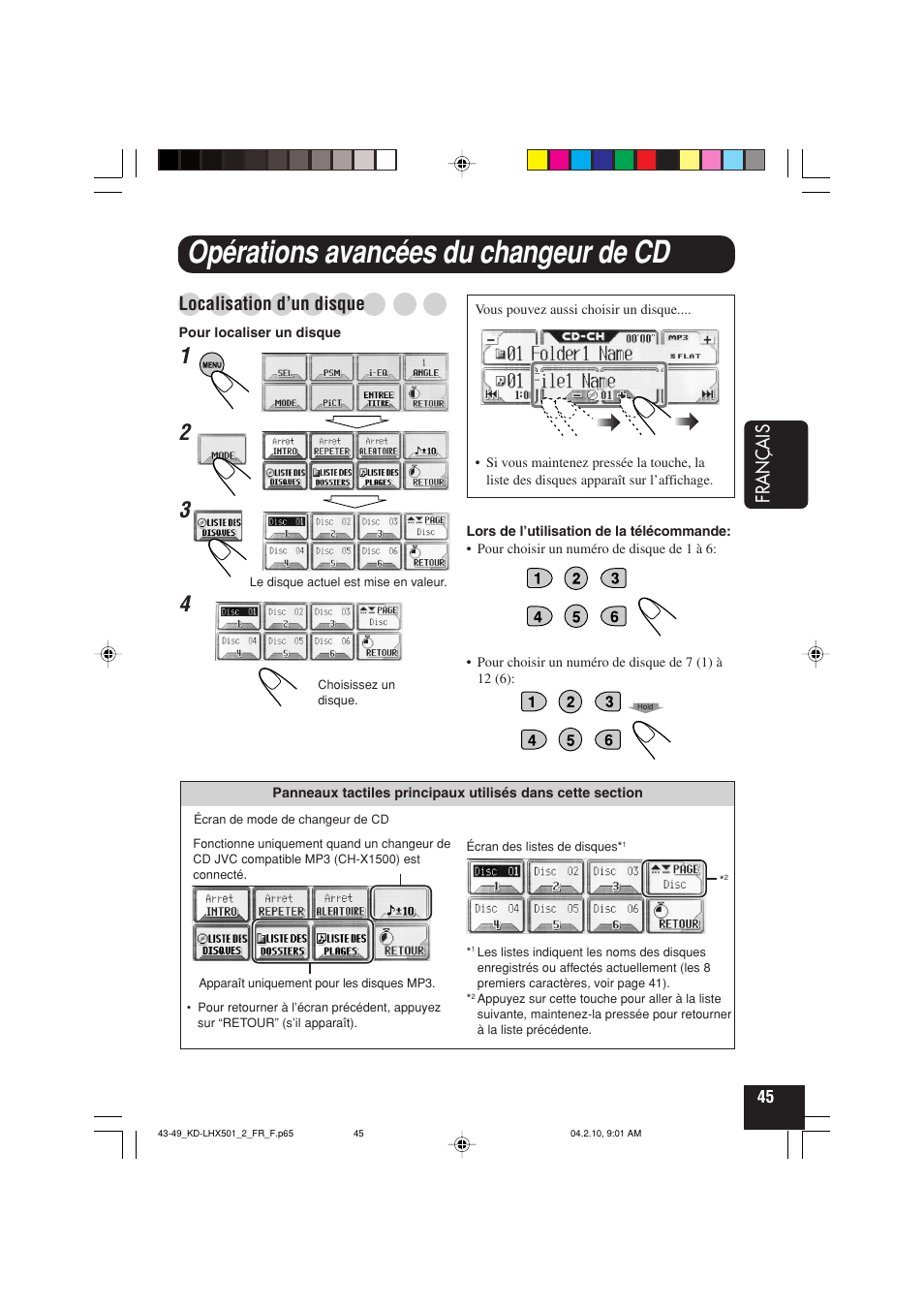 Opérations avancées du changeur de cd, Fran ç ais, Localisation d’un disque | JVC KD-LHX501  EN User Manual | Page 173 / 259