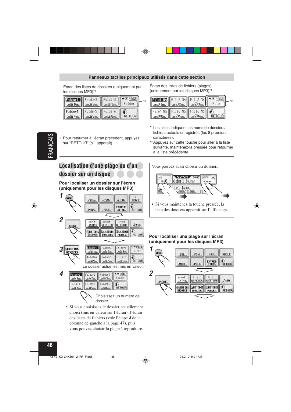 Fran ç ais, Localisation d’une plage ou d’un, Dossier sur un disque | JVC KD-LHX501  EN User Manual | Page 174 / 259