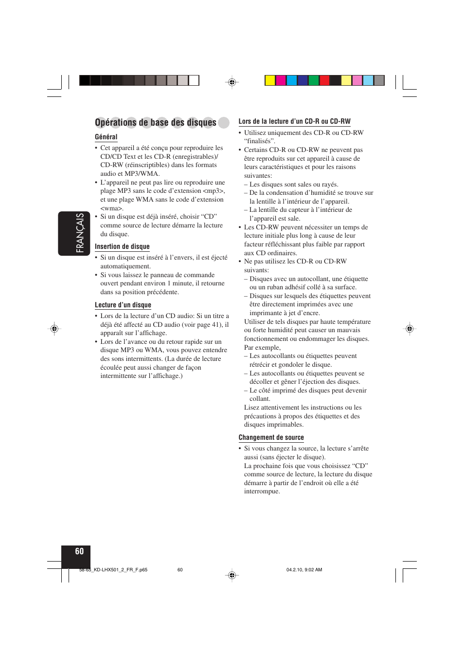 Fran ç ais, Opérations de base des disques | JVC KD-LHX501  EN User Manual | Page 188 / 259